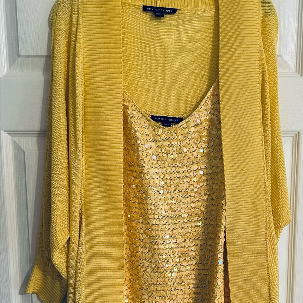Lemon yellow sequin top and cardigan